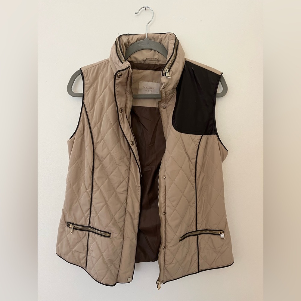 Zara Basic, Size Large Down Vest With Leather Det… - image 2